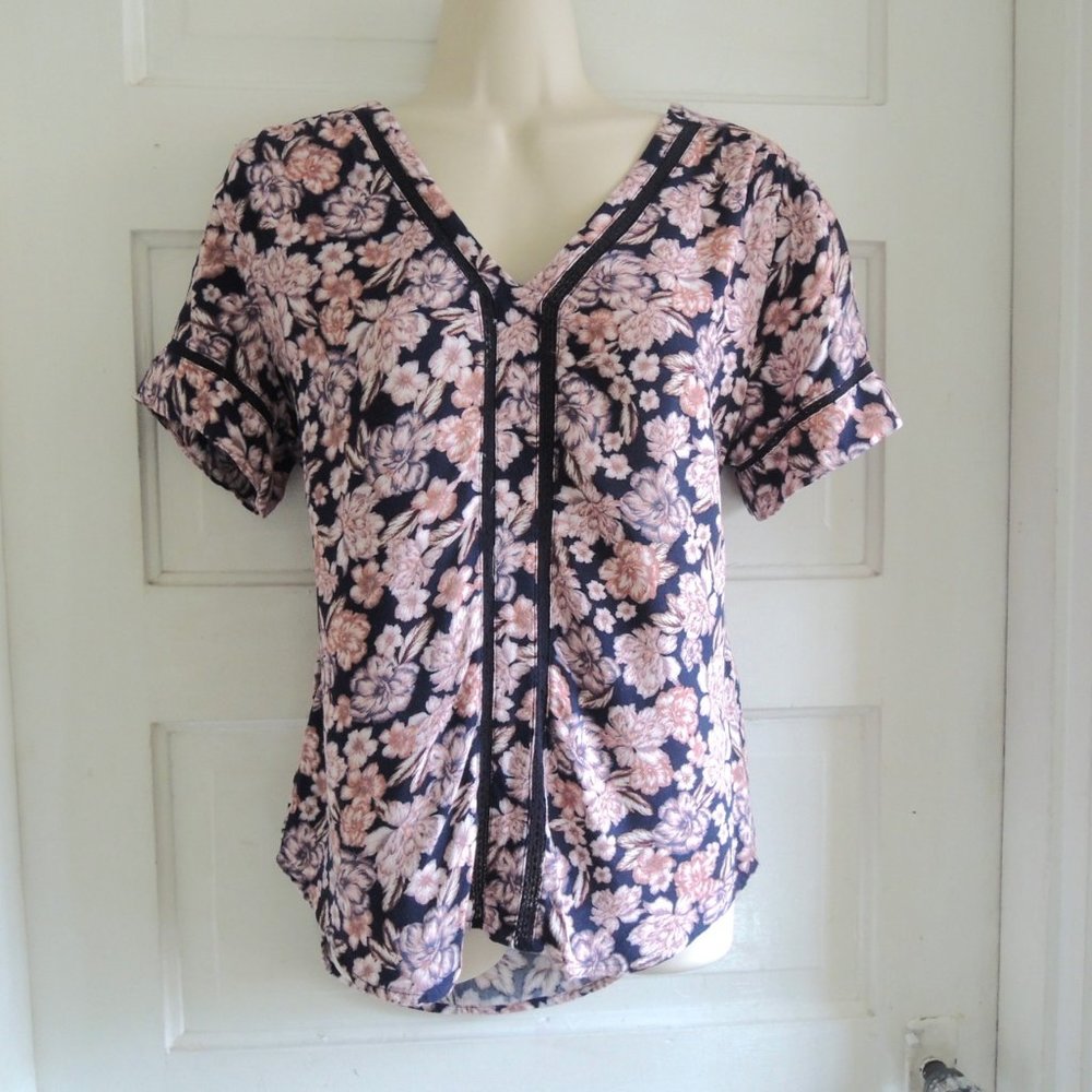 Nordstrom Hinge Pink Floral & Black Lace Top XS
